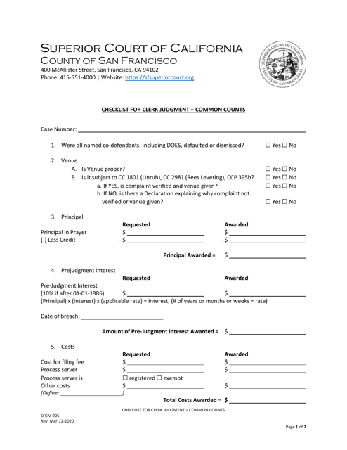 Form SFCIV-005 Checklist for Clerk Judgment - Common Counts - County of San Francisco, California