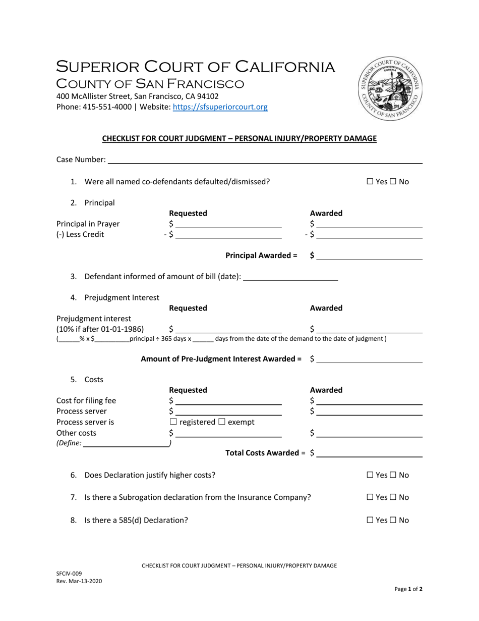 Form SFCIV-009 Checklist for Court Judgment - Personal Injury / Property Damage - County of San Francisco, California, Page 1