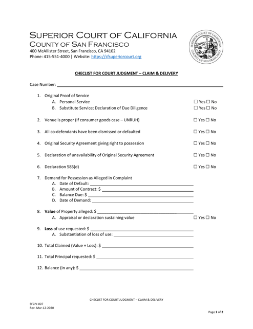 Form SFCIV-007 Checlist for Court Judgment - Claim &amp; Delivery - County of San Francisco, California