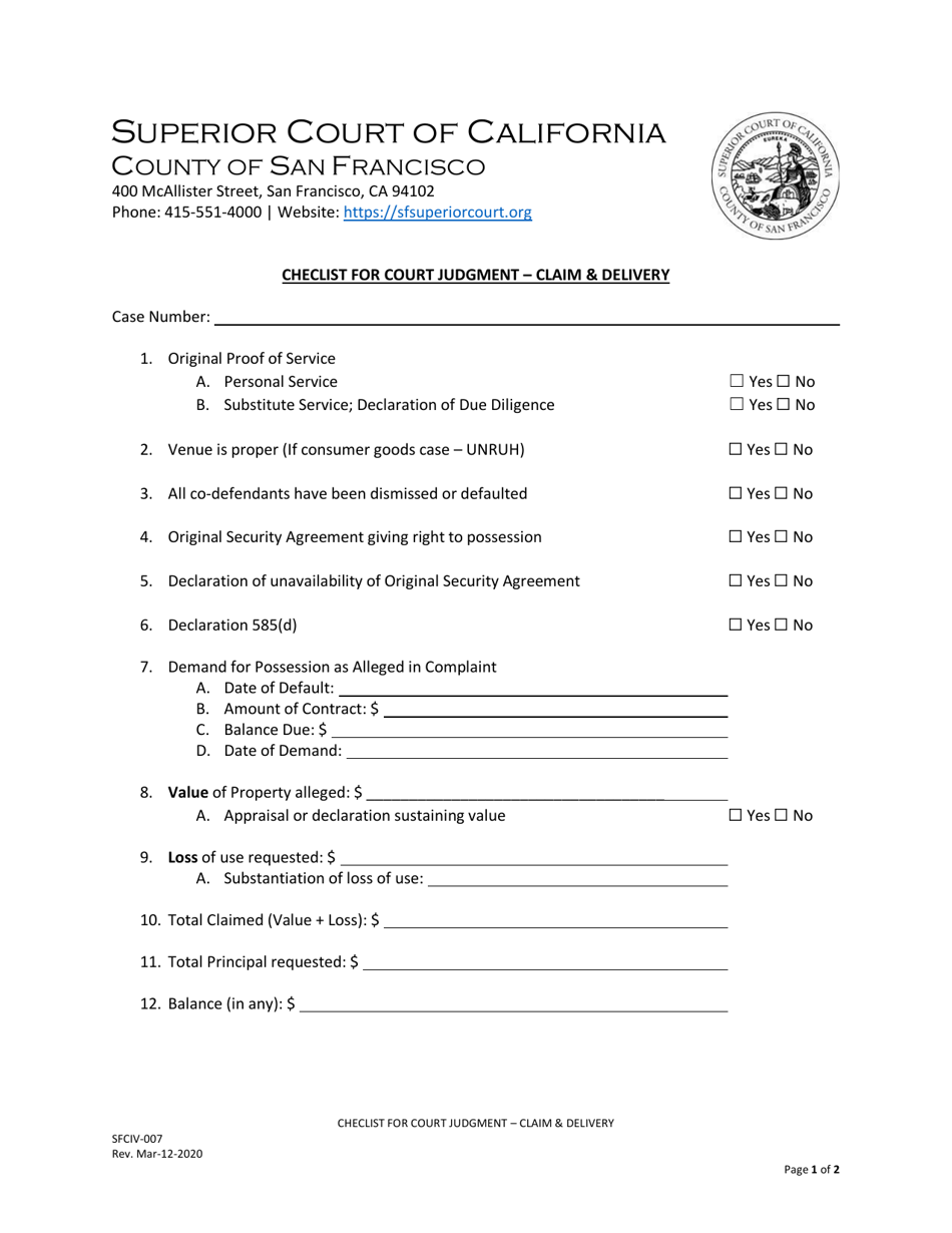 Form SFCIV-007 Checlist for Court Judgment - Claim  Delivery - County of San Francisco, California, Page 1