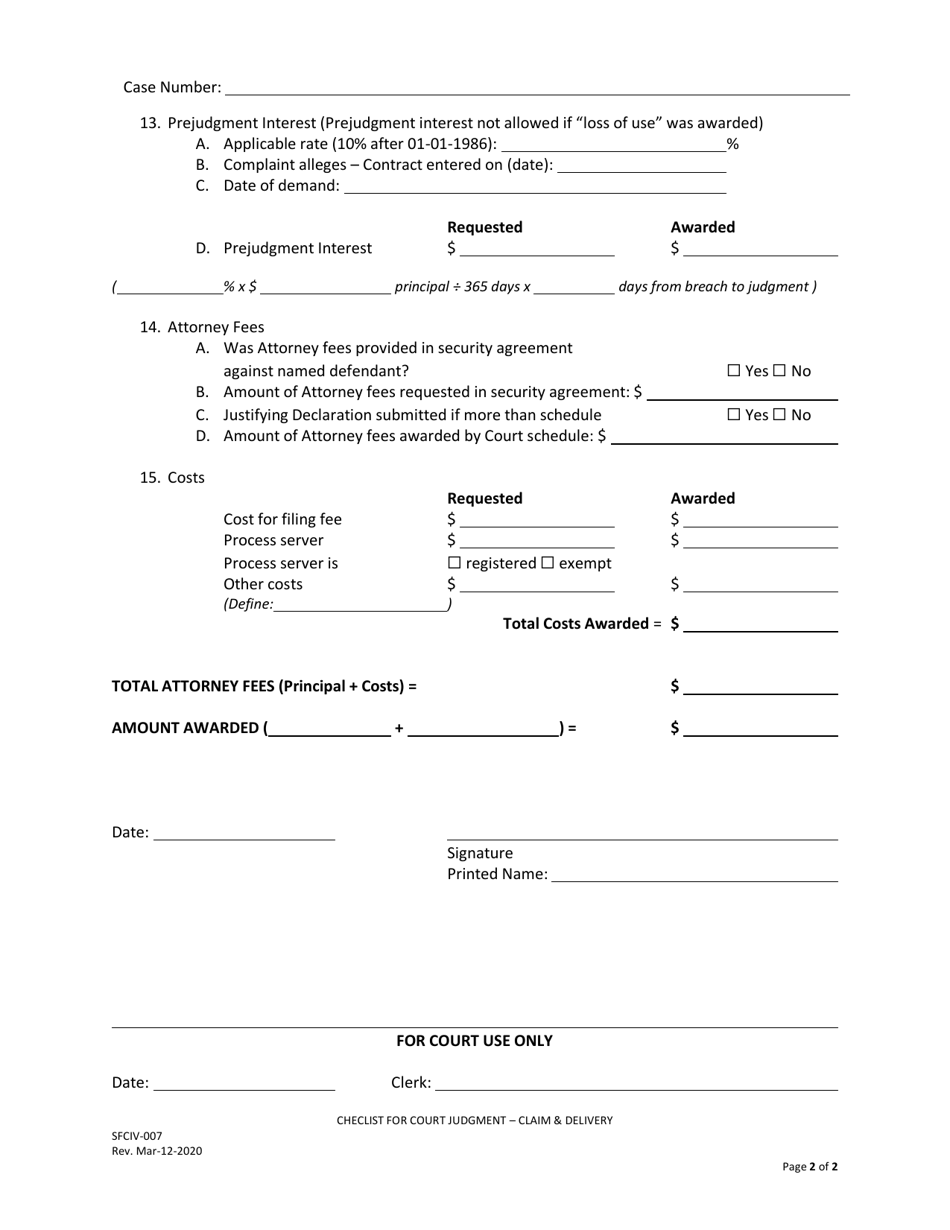 Form SFCIV-007 Checlist for Court Judgment - Claim  Delivery - County of San Francisco, California, Page 2