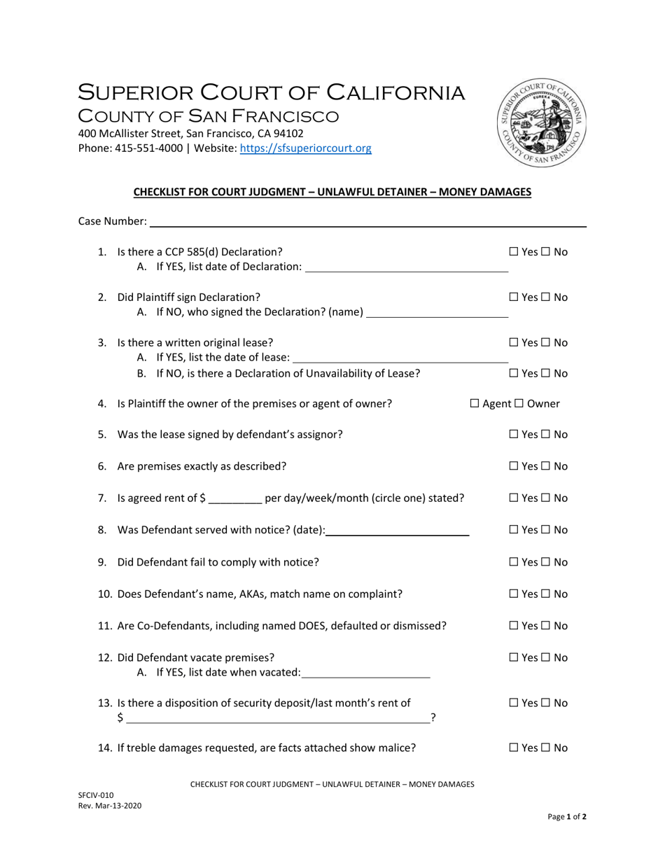 Form SFCIV-010 Checklist for Court Judgment - Unlawful Detainer - Money Damages - County of San Francisco, California, Page 1