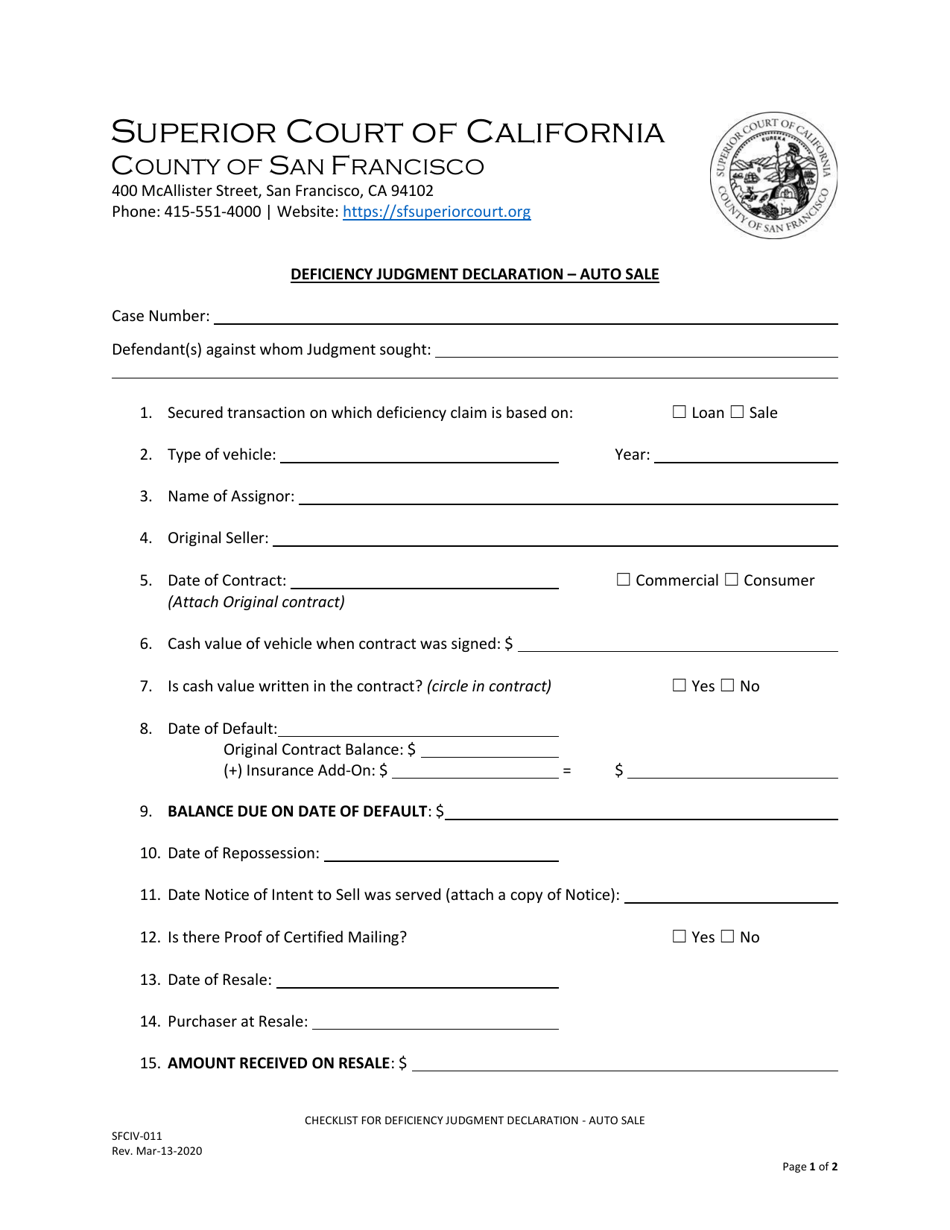 Form SFCIV-011 Deficiency Judgment Declaration - Auto Sale - County of San Francisco, California, Page 1