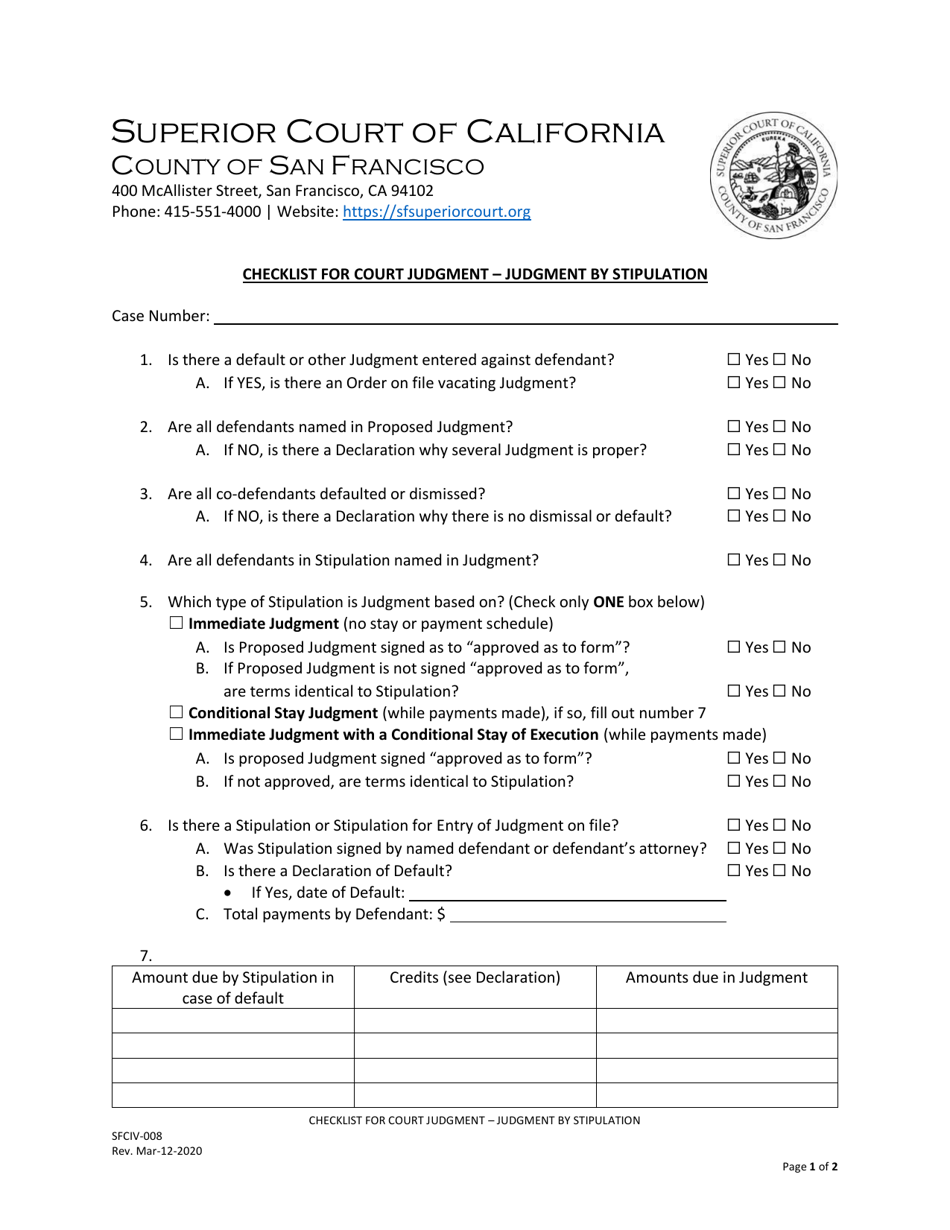 Form SFCIV-008 Checklist for Court Judgment - Judgment by Stipulation - County of San Francisco, California, Page 1