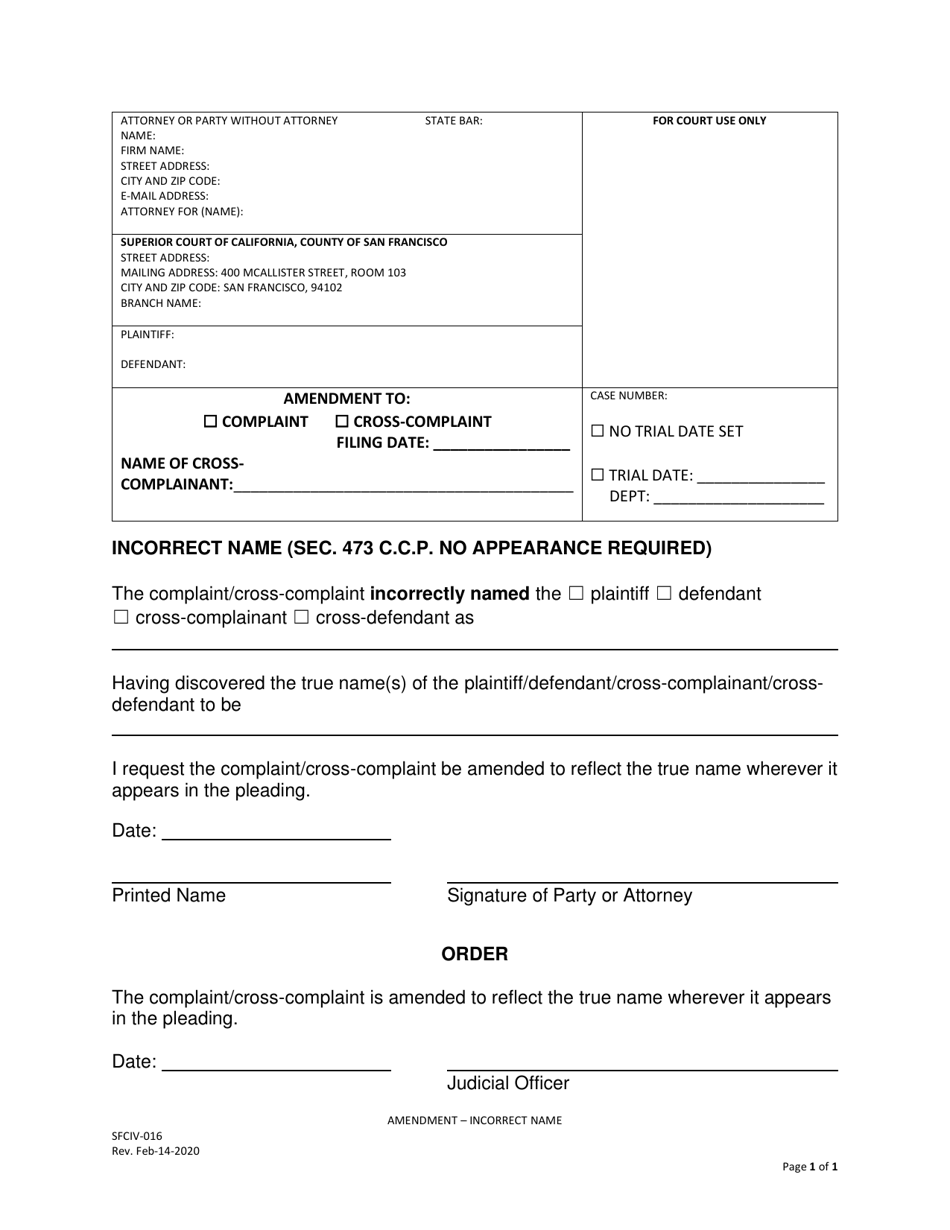 Form SFCIV-016 Amendment - Incorrect Name - County of San Francisco, California, Page 1