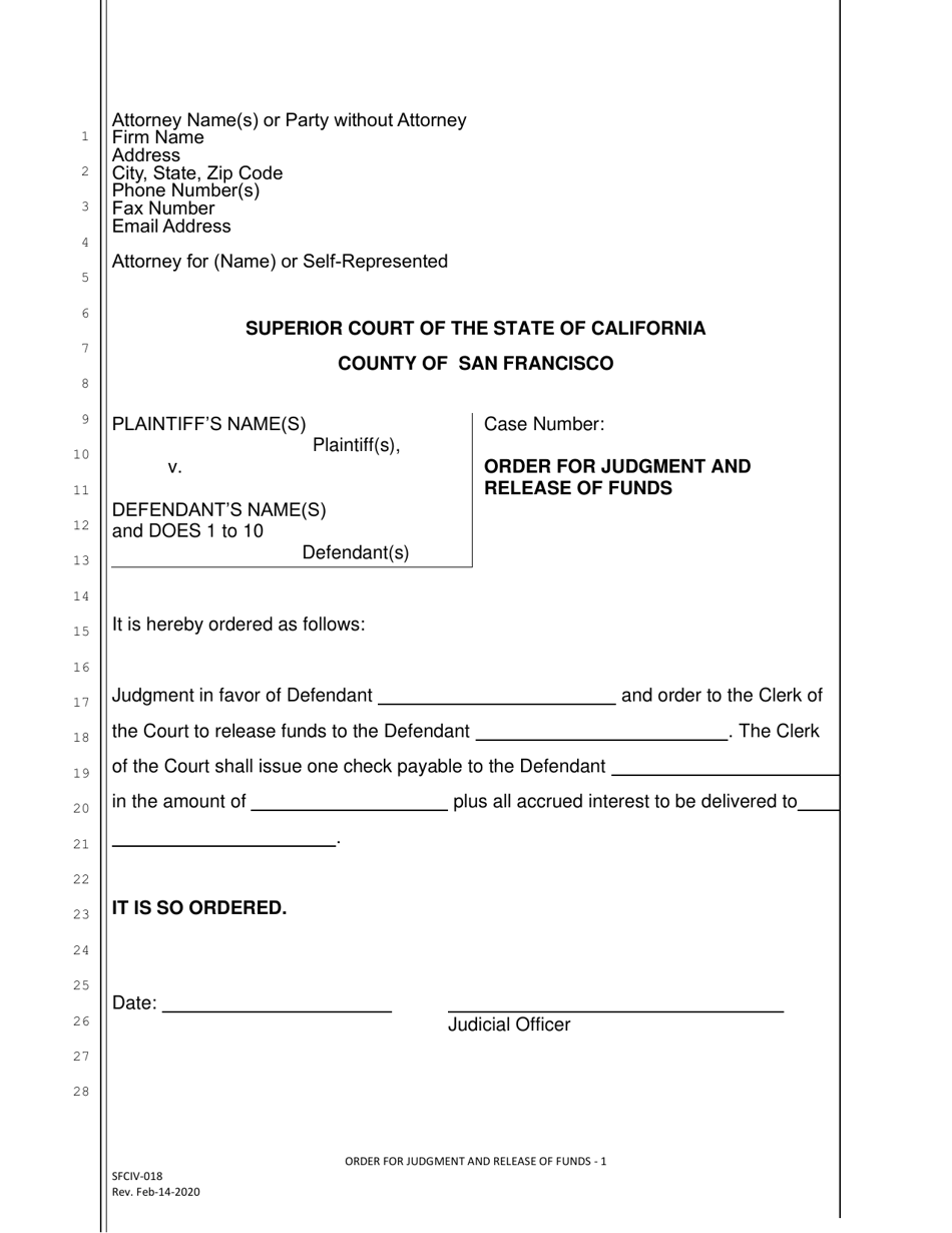 Form SFCIV-018 Order for Judgment and Release of Funds - County of San Francisco, California, Page 1