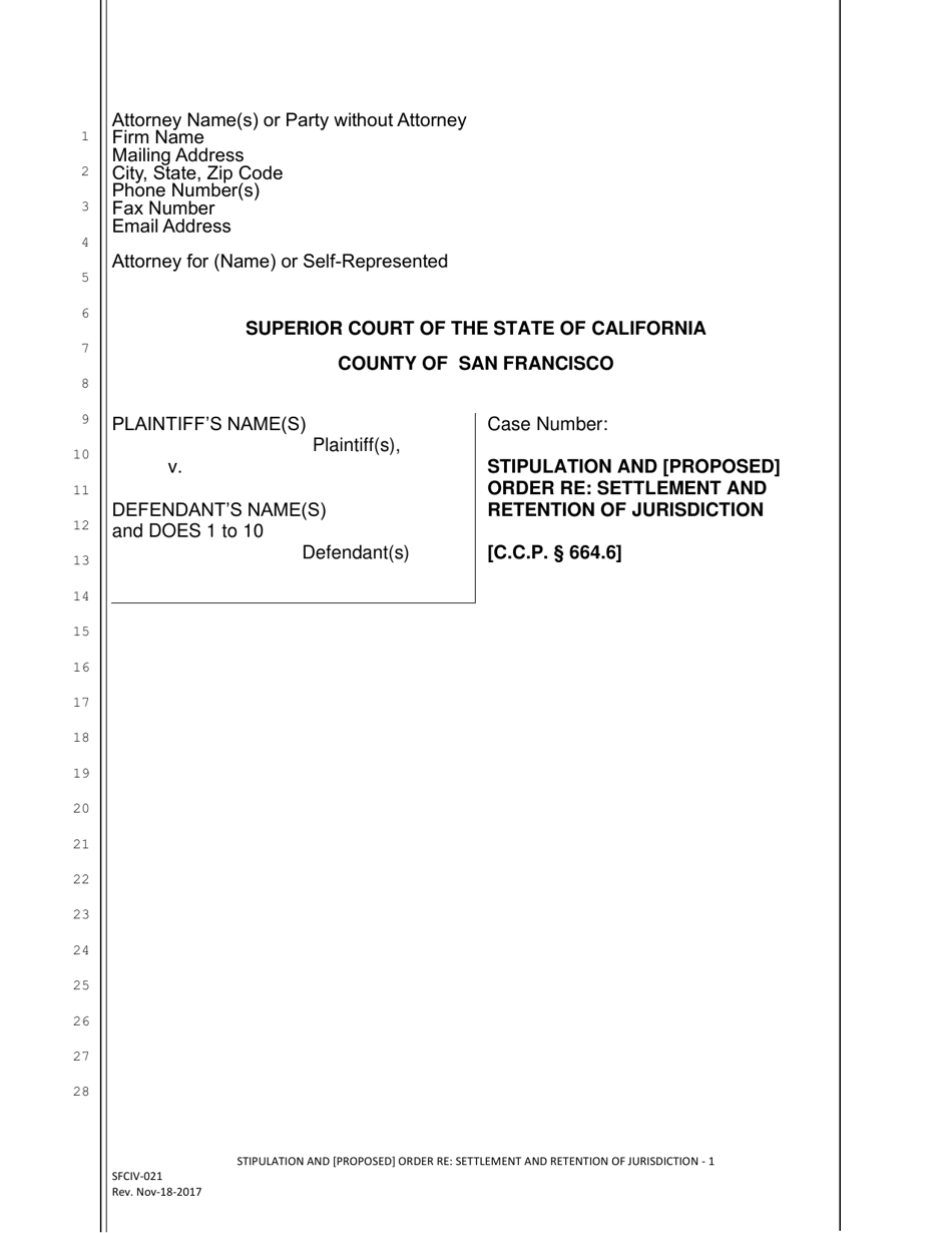 Form SFCIV-021 Stipulation and Proposed Order Re: Settlement and Retention of Jurisdiction - County of San Francisco, California, Page 1