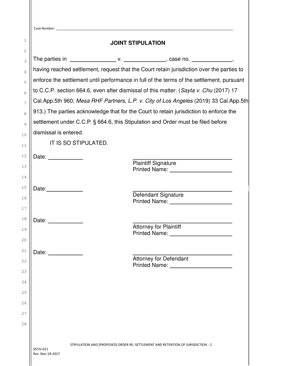 Form SFCIV-021 Stipulation and Proposed Order Re: Settlement and Retention of Jurisdiction - County of San Francisco, California, Page 2