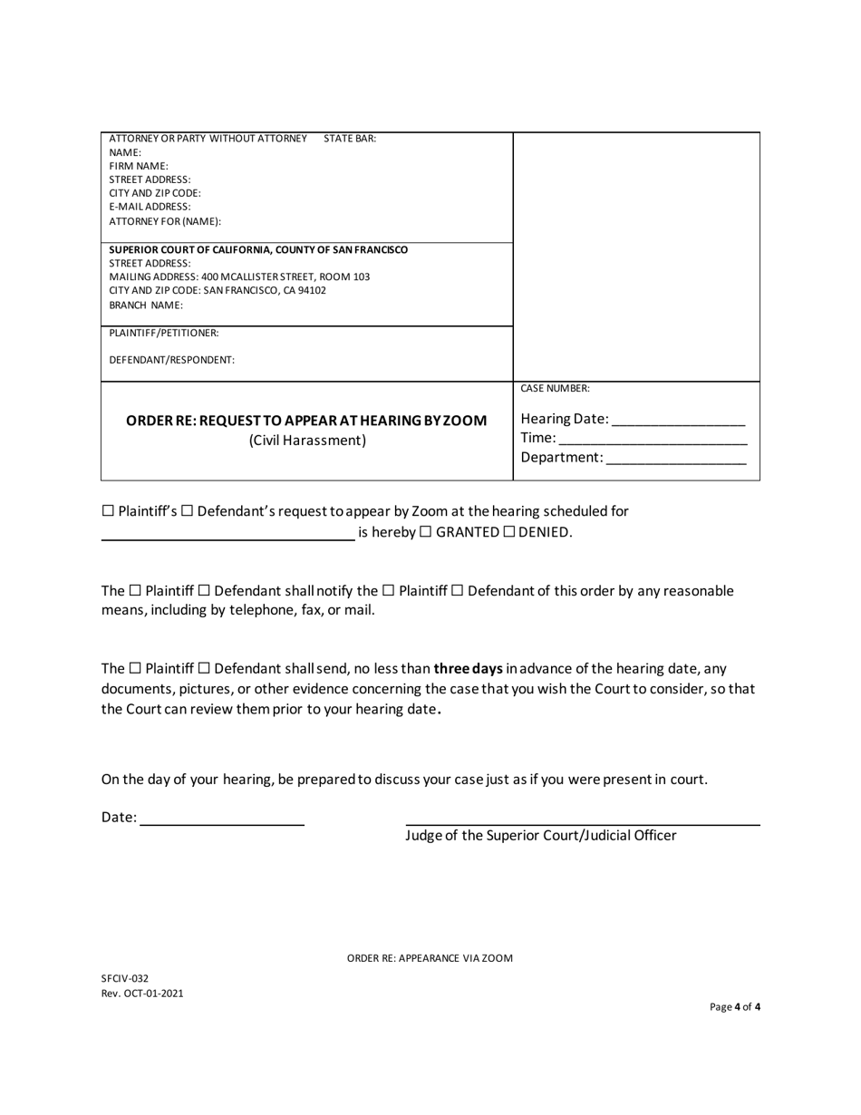Form SFCIV-032 Zoom Appearance Procedure for Civil Harassment - County of San Francisco, California, Page 4