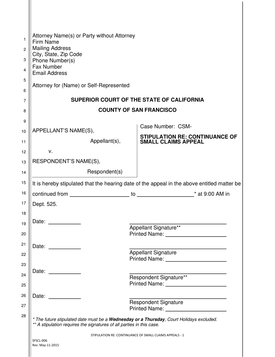 Form SFSCL-006 Stipulation Re: Continuance of Small Claims Appeal - County of San Francisco, California, Page 1