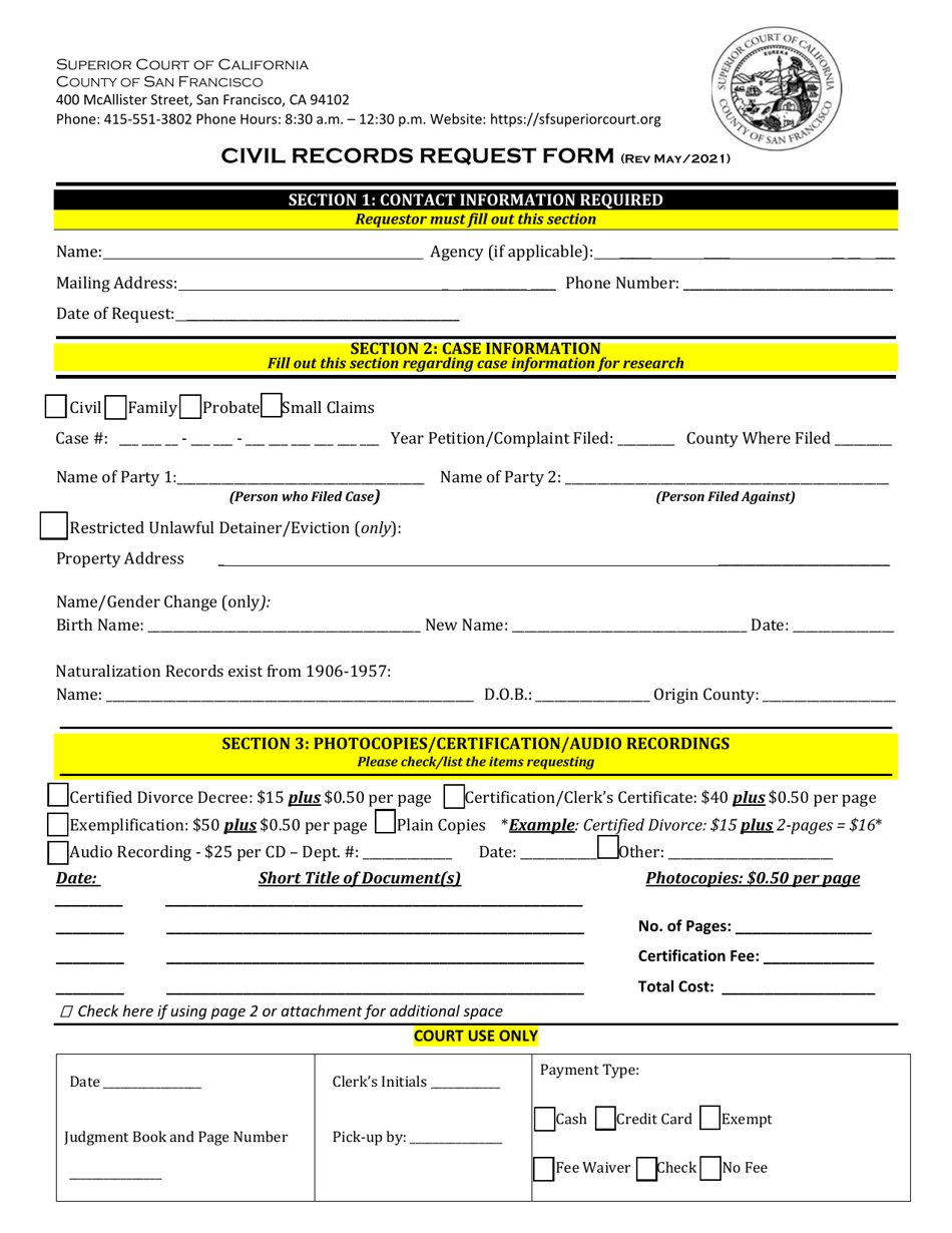 Form SFCIV-031 Civil Records Request Form - County of San Francisco, California, Page 1