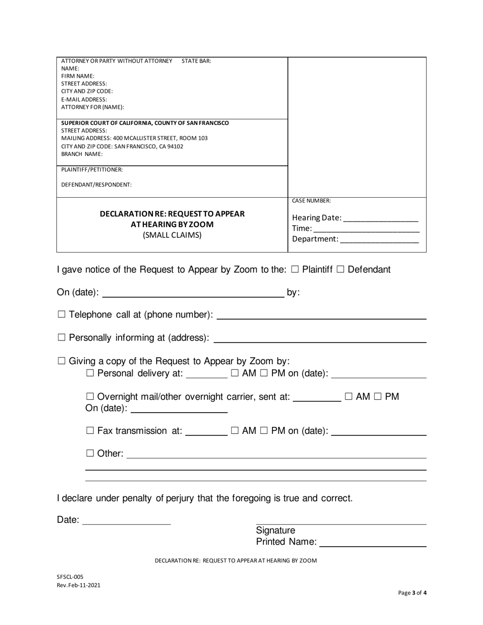 Form SFSCL-005 Request to Appear at Hearing by Zoom (Small Claims) - County of San Francisco, California, Page 3