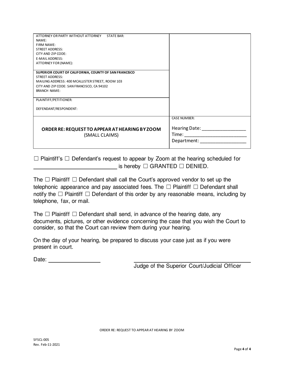 Form SFSCL-005 Request to Appear at Hearing by Zoom (Small Claims) - County of San Francisco, California, Page 4