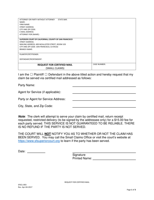 Form SFSCL-003 Request for Certified Mail (Small Claims) - County of San Francisco, California