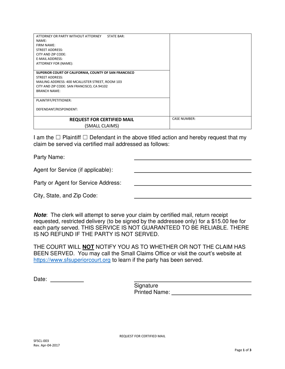 Form SFSCL-003 Request for Certified Mail (Small Claims) - County of San Francisco, California, Page 1