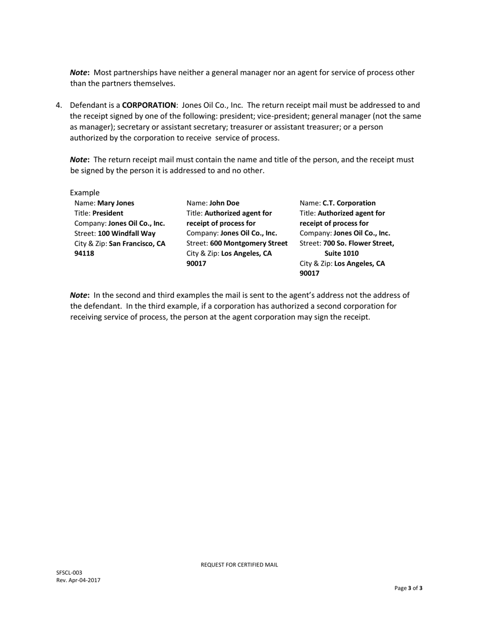 Form SFSCL-003 Request for Certified Mail (Small Claims) - County of San Francisco, California, Page 3