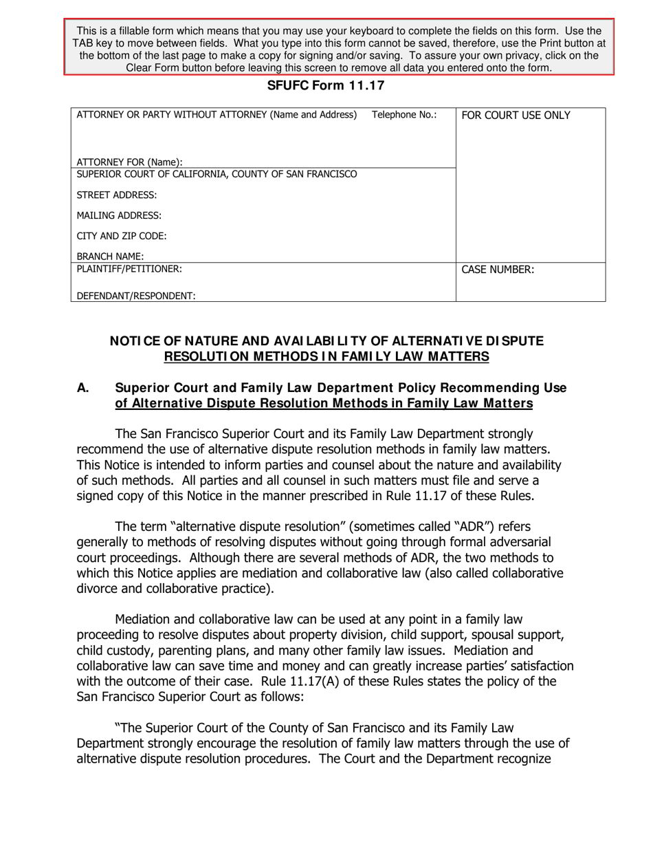 Form SFUFC-11.17 Notice of Nature and Availability of Alternative Dispute Resolution Methods in Family Law Matters - County of San Francisco, California, Page 1