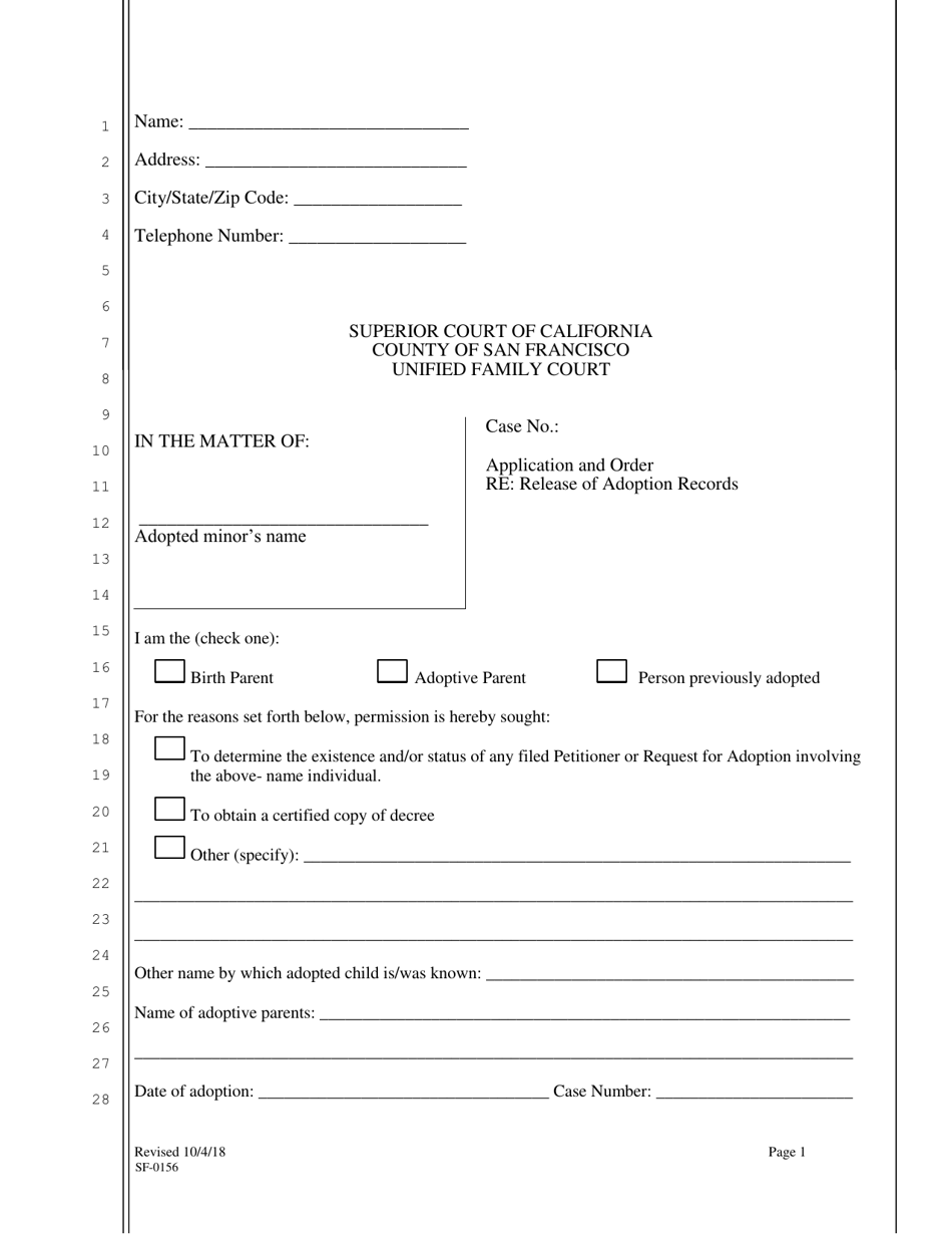 Form SFUFC-0156 Application and Order Re: Release of Adoption Records - County of San Francisco, California, Page 1