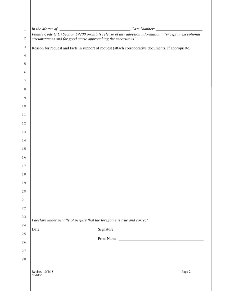 Form SFUFC-0156 Application and Order Re: Release of Adoption Records - County of San Francisco, California, Page 2