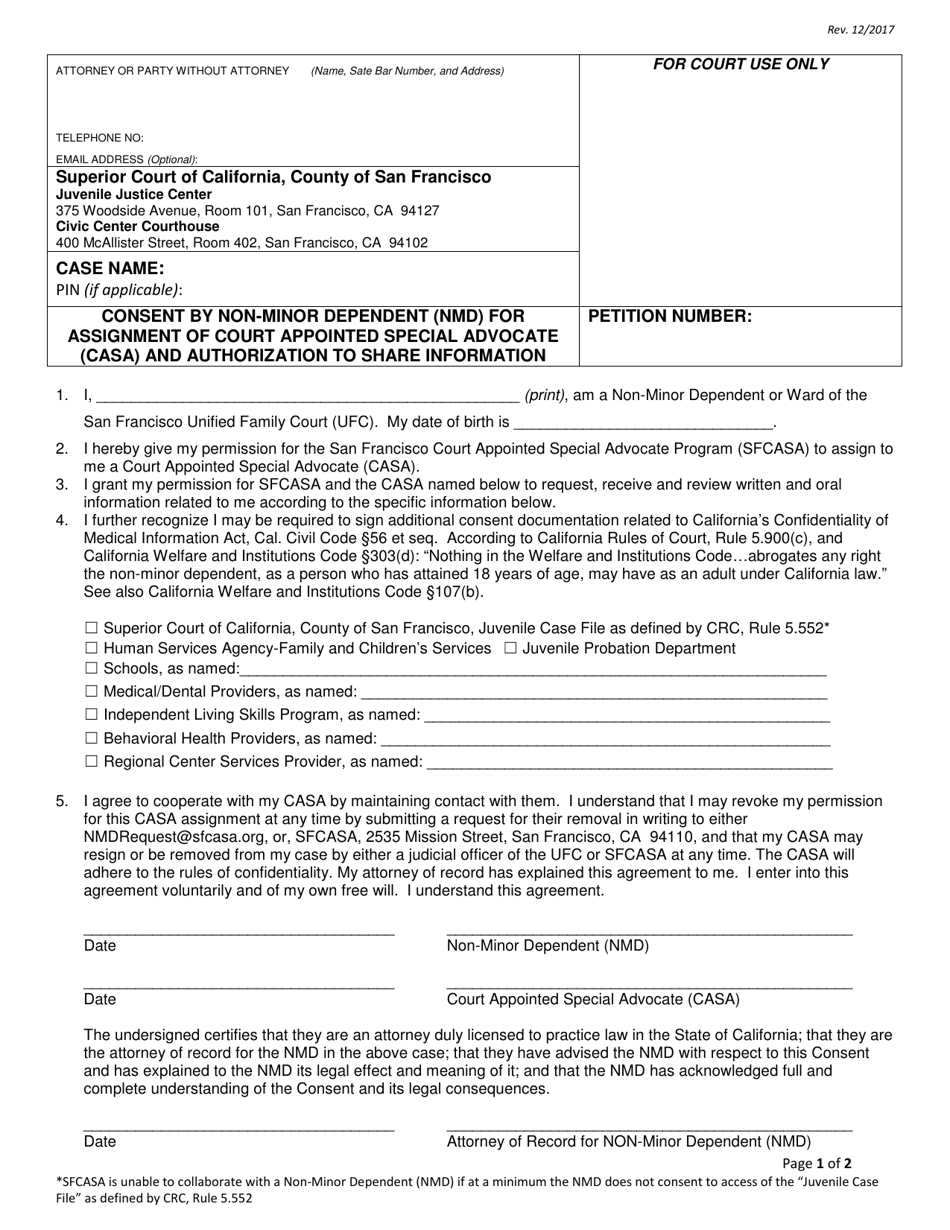 Form SFUFC-CASA-B Consent by Non-minor Dependent (Nmd) for Assignment of Court Appointed Special Advocate (Casa) and Authorization to Share Information - County of San Francisco, California, Page 1