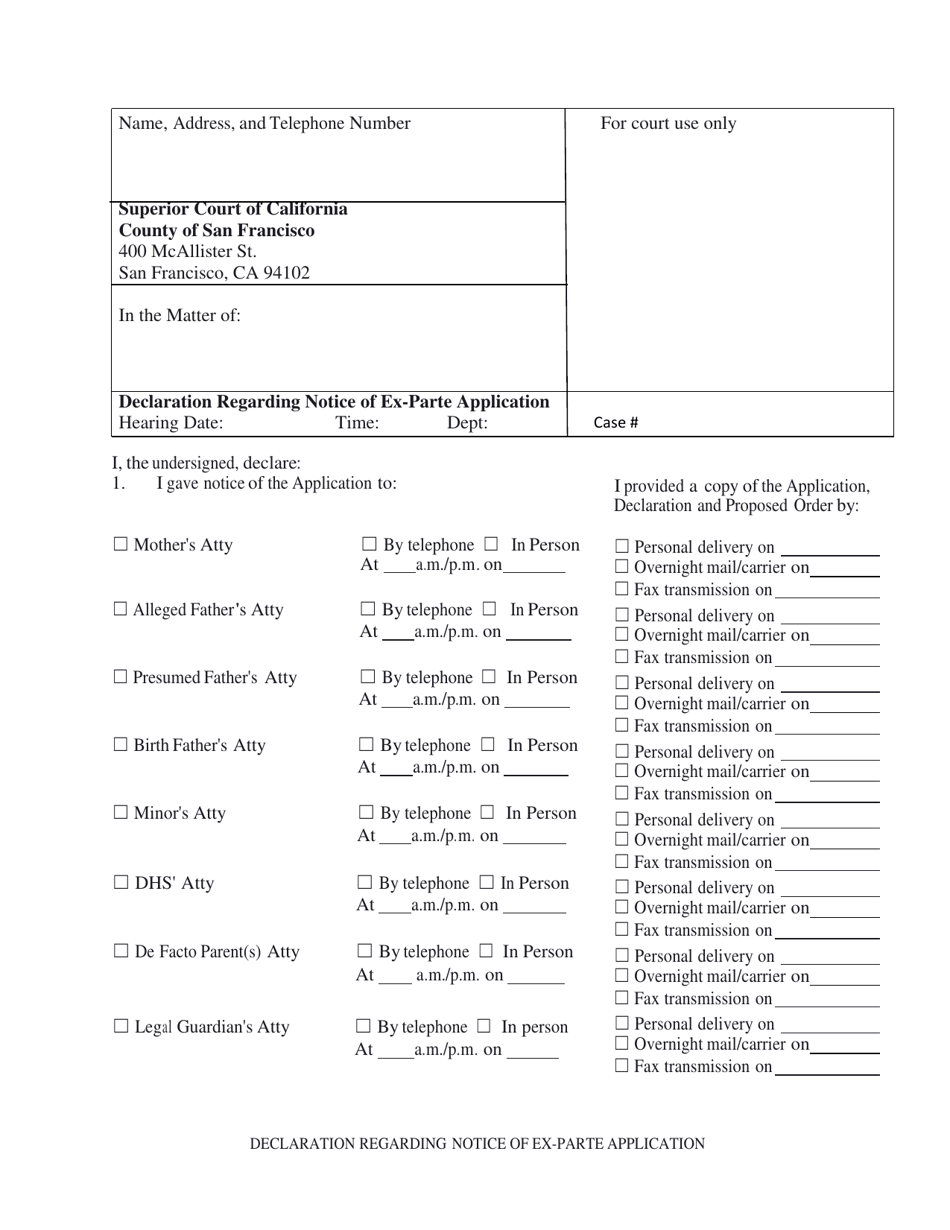 Form SFUFC-12.18-C Declaration Regarding Notice of Ex-parte Application - County of San Francisco, California, Page 1