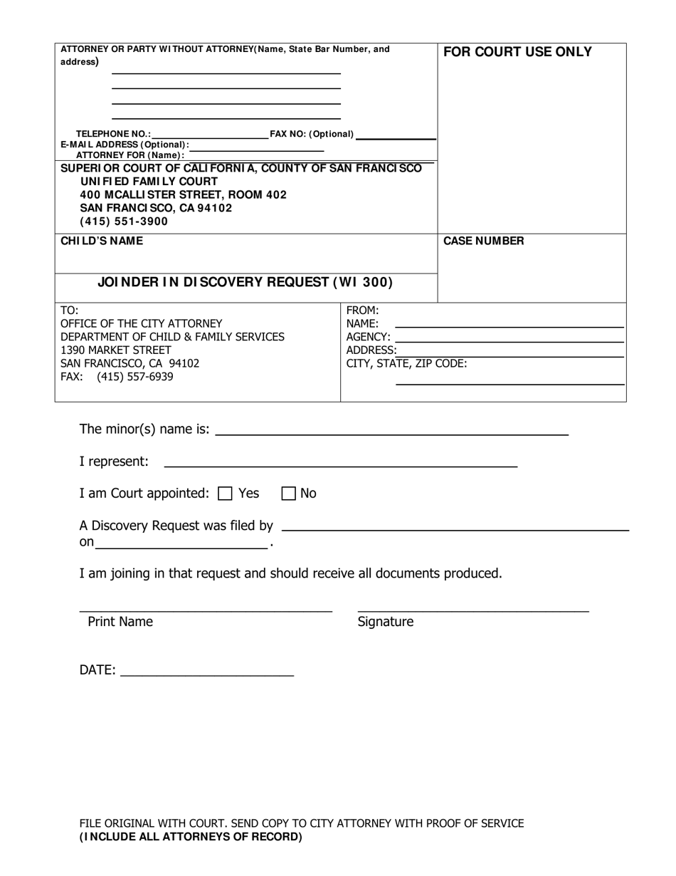 Form SFUFC-12.9 Joinder in Discovery Request (Wi 300) - County of San Francisco, California, Page 1