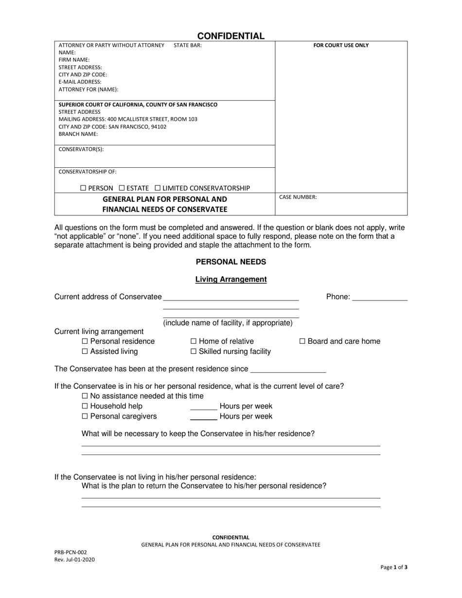 Form PRB-PCN-002 General Plan for Personal and Financial Needs of Conservatee - County of San Francisco, California, Page 1