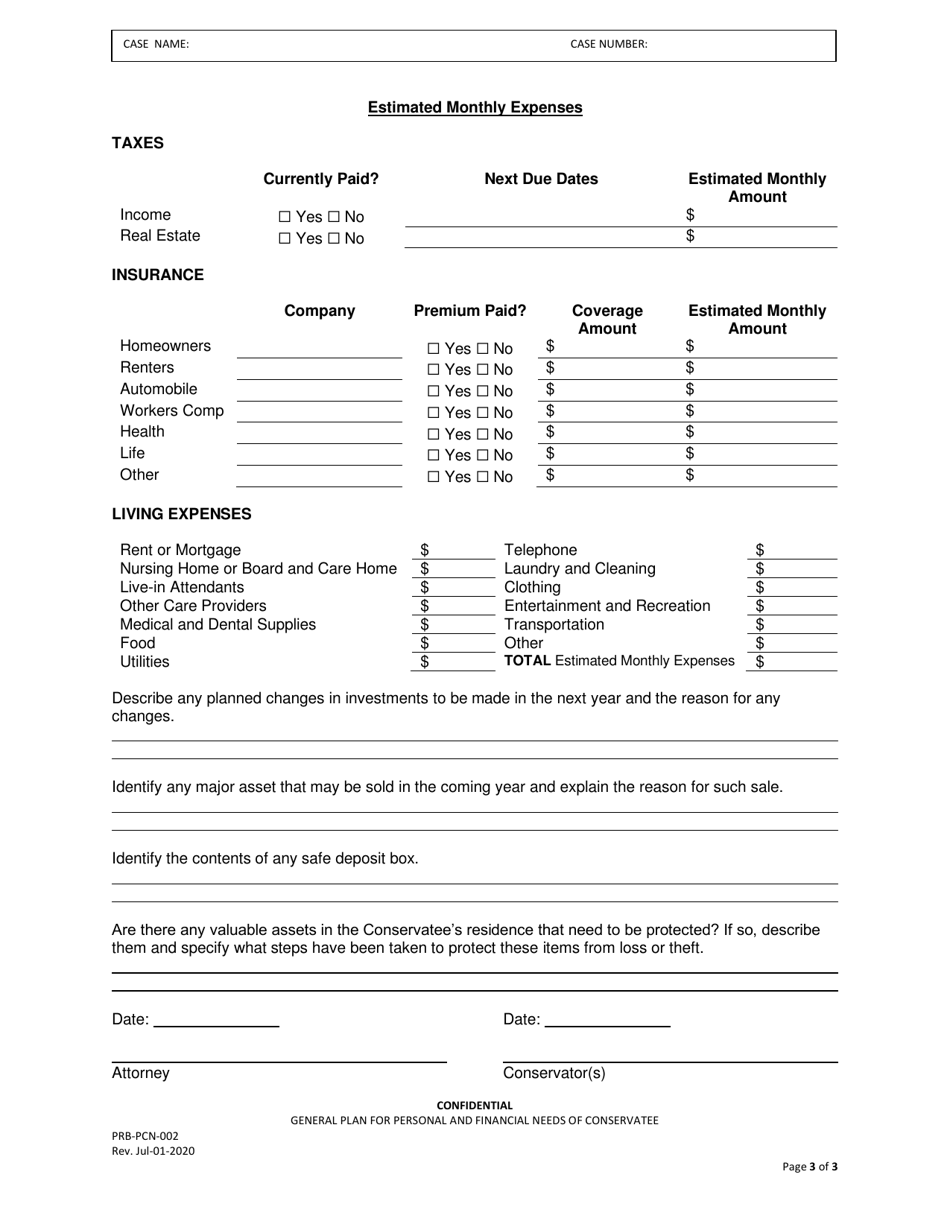 Form PRB-PCN-002 General Plan for Personal and Financial Needs of Conservatee - County of San Francisco, California, Page 3