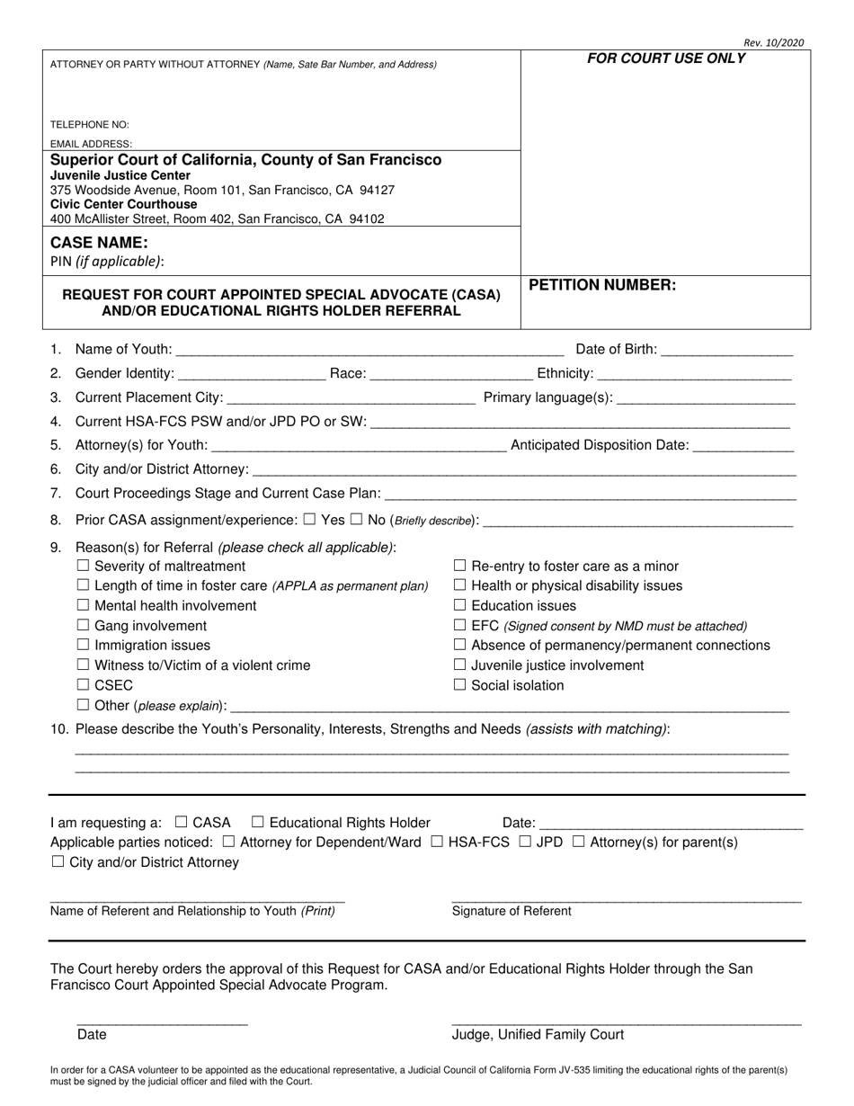 Form SFUFC-CASA-A Request for Court Appointed Special Advocate (Casa) and / or Educational Rights Holder Referral - County of San Francisco, California, Page 1