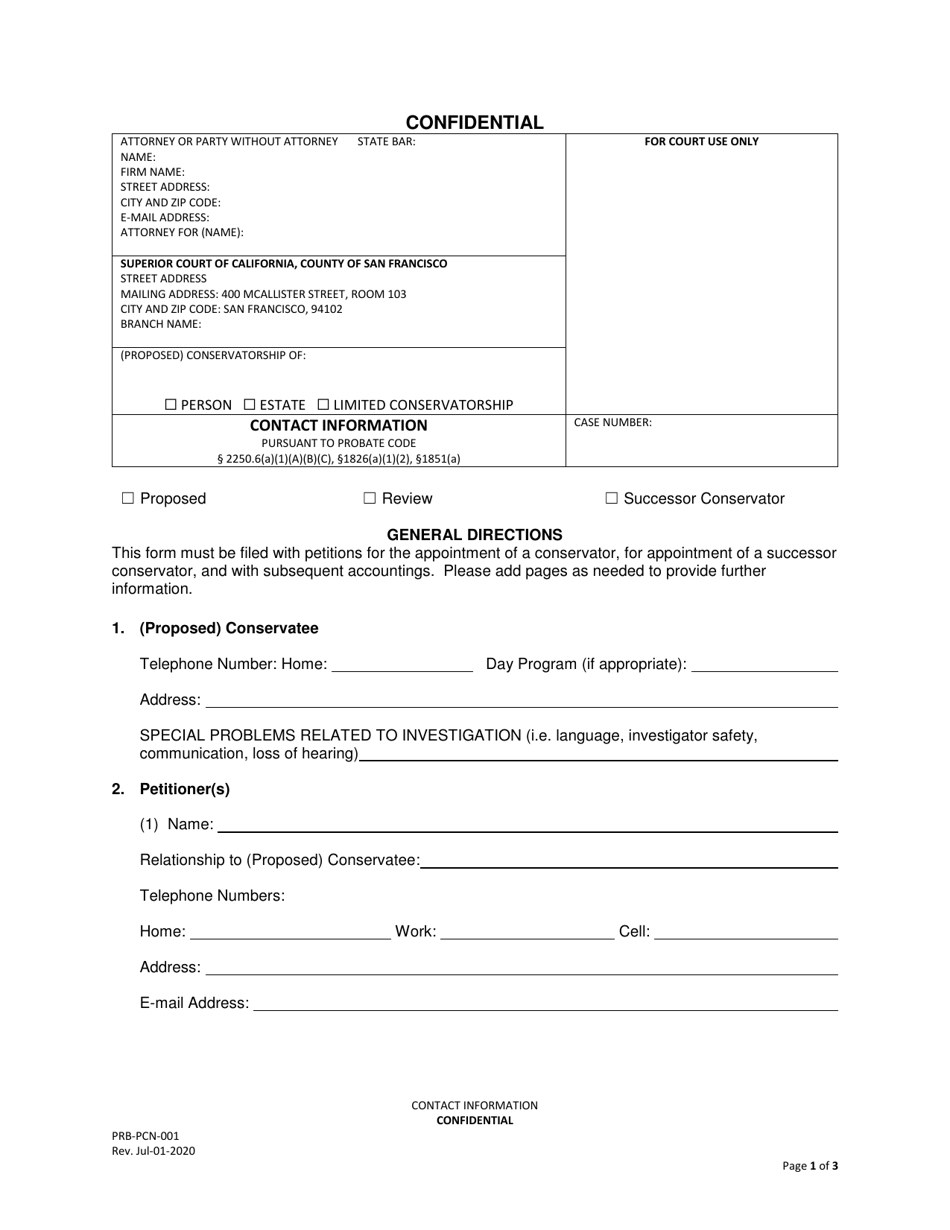 Form PRB-PCN-001 Contact Information - County of San Francisco, California, Page 1