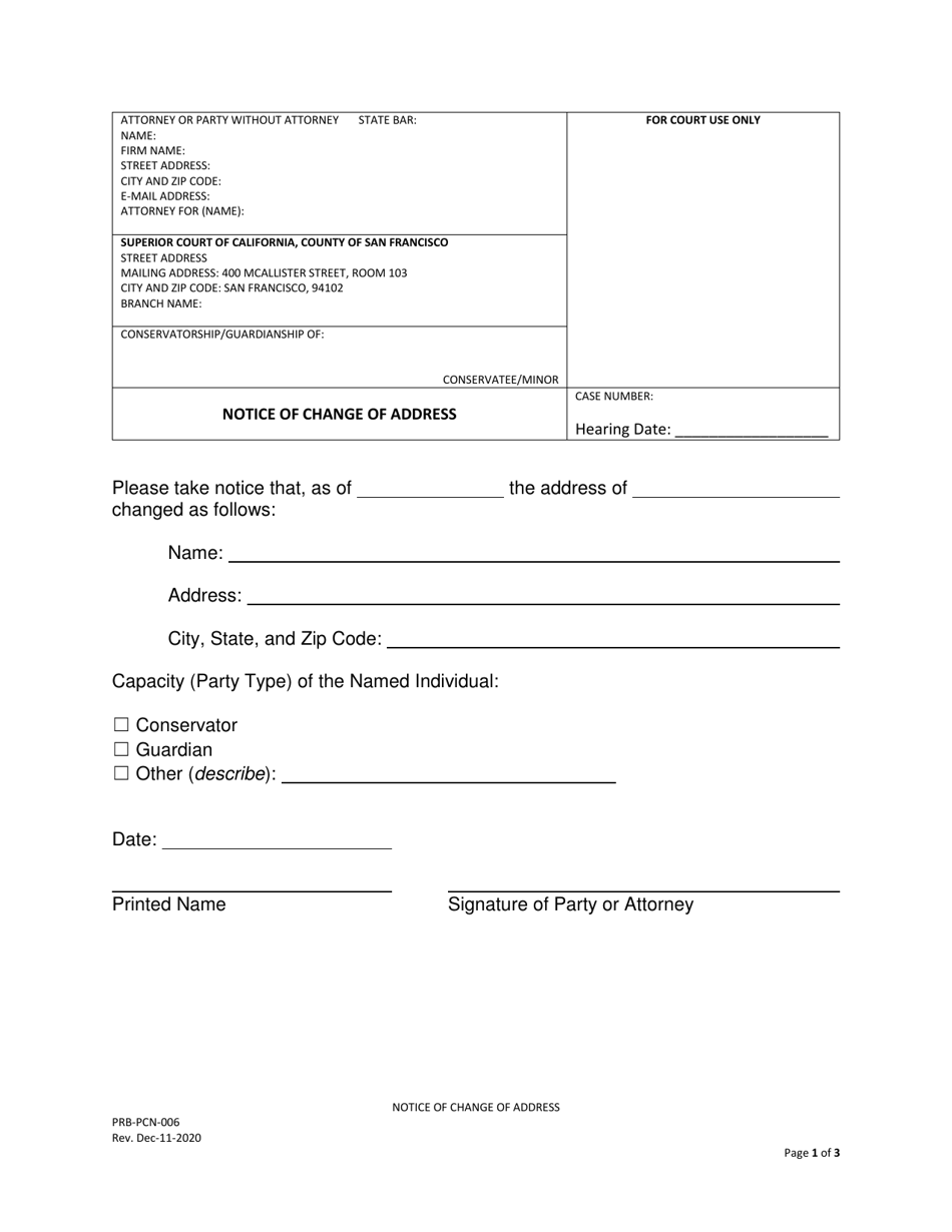 Form PRB-PCN-006 Notice of Change of Address - County of San Francisco, California, Page 1