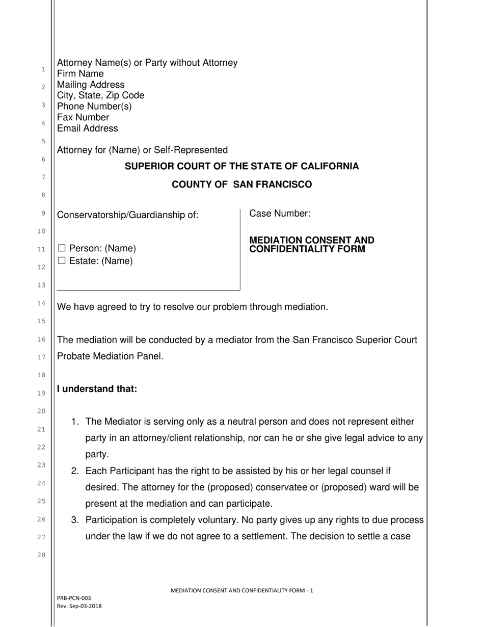 Form PRB-PCN-003 Mediation Consent and Confidentiality Form - County of San Francisco, California, Page 1