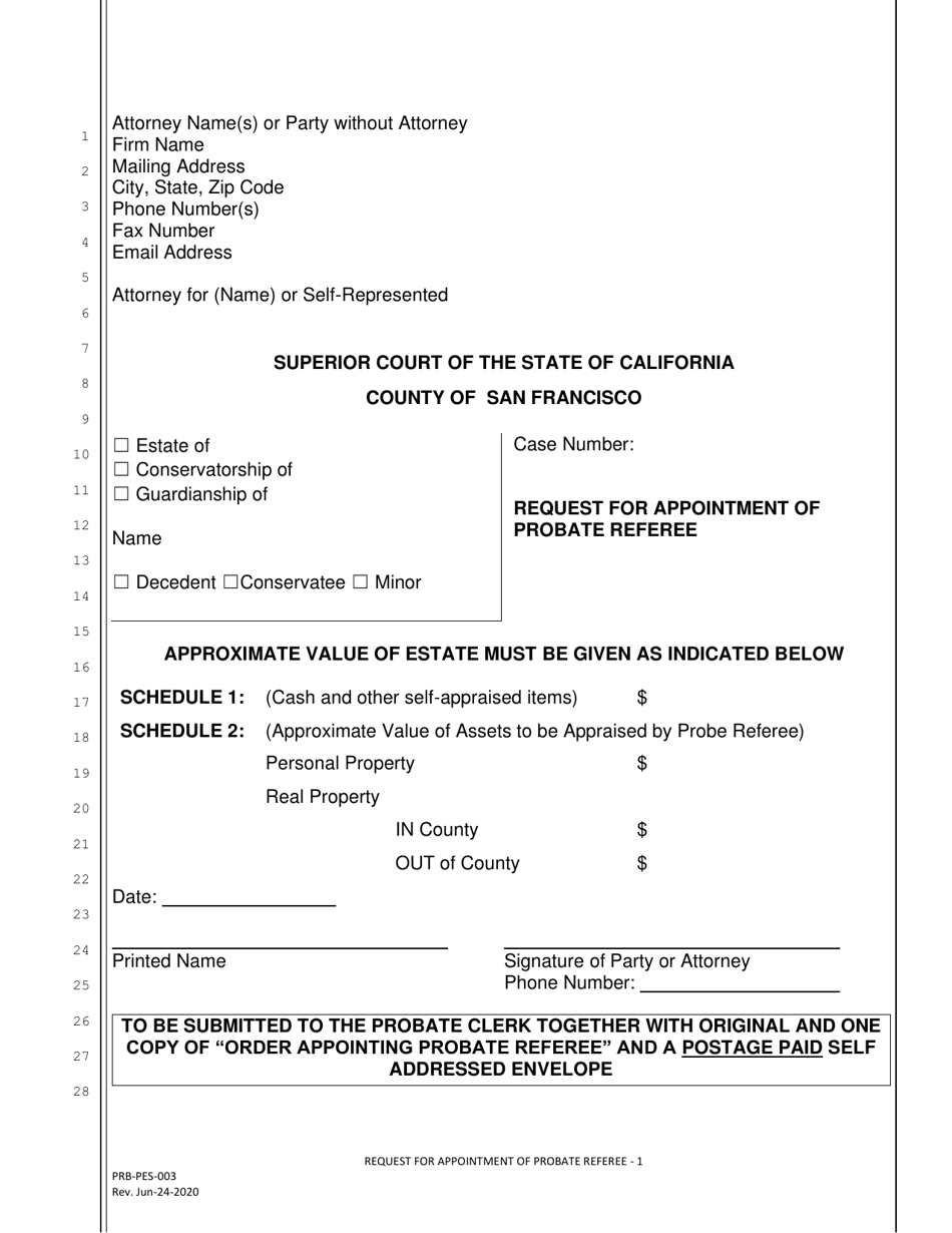Form PRB-PES-003 Request for Appointment of Probate Referee - County of San Francisco, California, Page 1