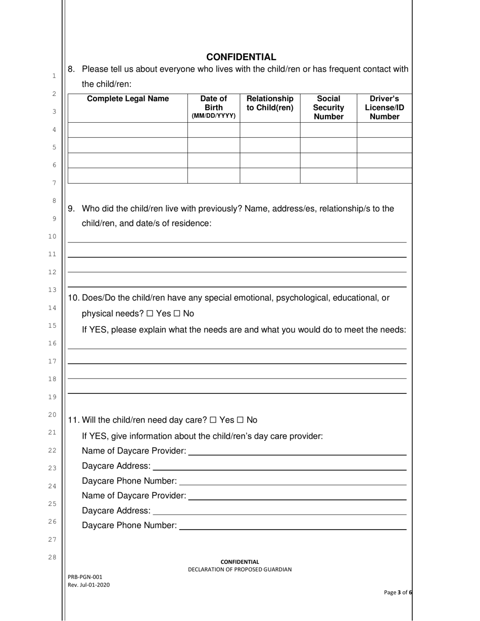 Form PRB-PGN-001 Confidential Declaration of Proposed Guardian - County of San Francisco, California, Page 3