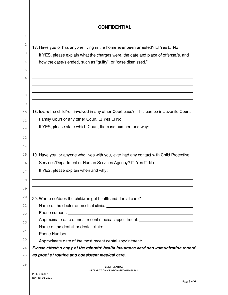 Form PRB-PGN-001 Confidential Declaration of Proposed Guardian - County of San Francisco, California, Page 5