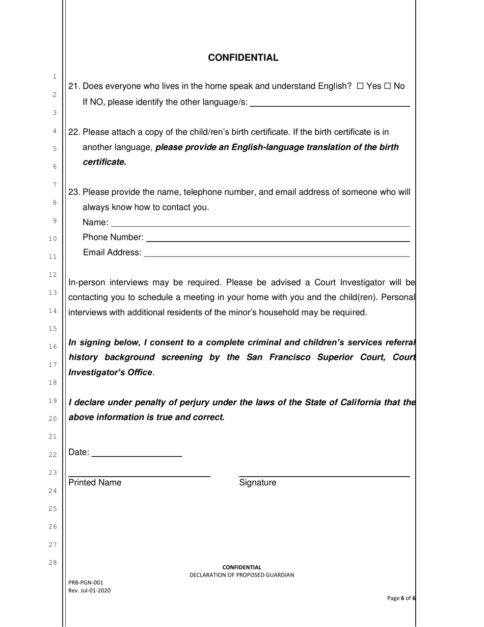 Form PRB-PGN-001 Confidential Declaration of Proposed Guardian - County of San Francisco, California, Page 6