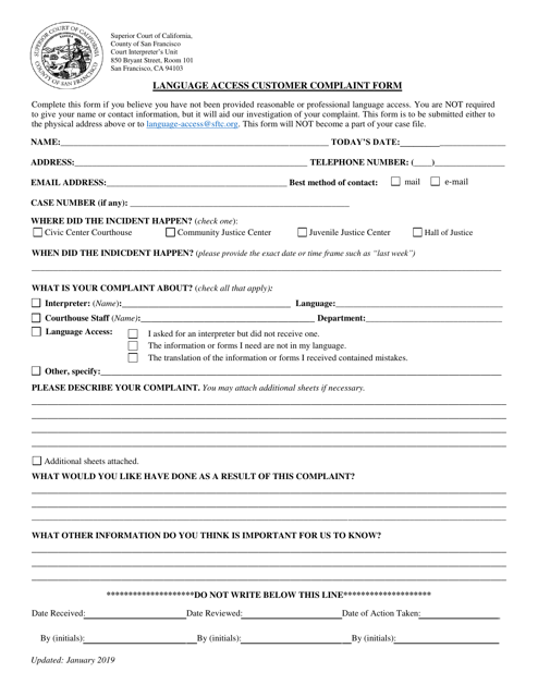 Language Access Customer Complaint Form - County of San Francisco, California Download Pdf