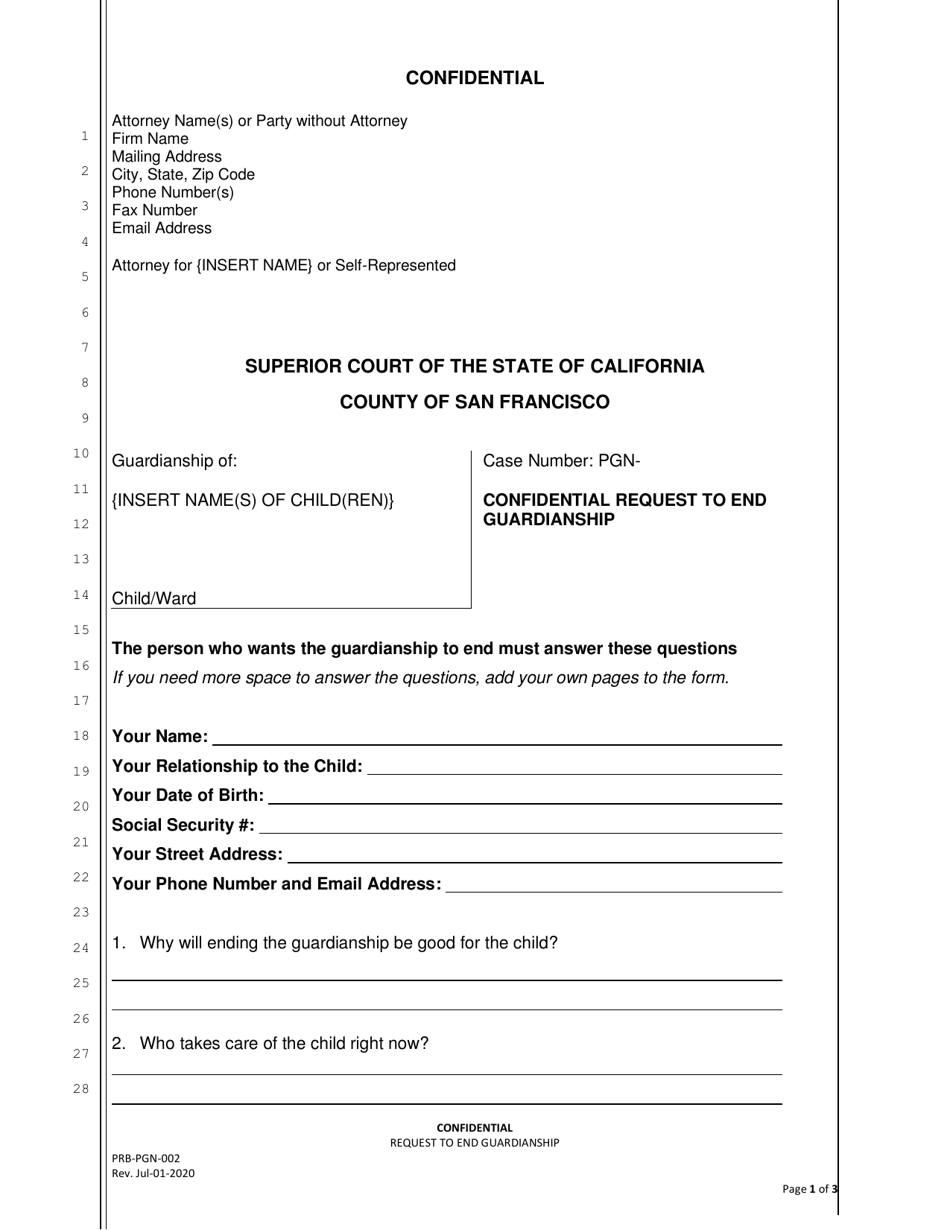 Form PRB-PGN-002 Confidential Request to End Guardianship - County of San Francisco, California, Page 1