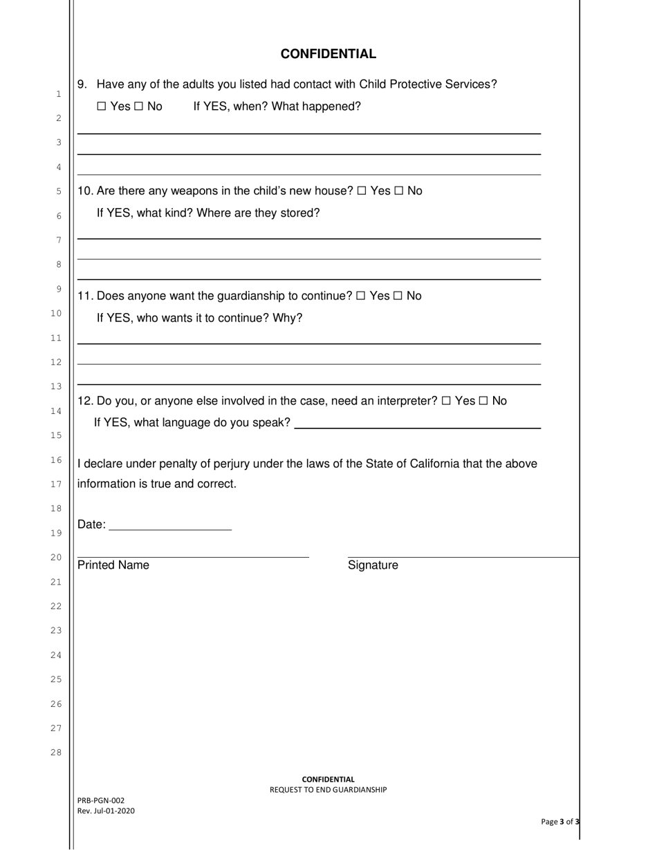Form PRB-PGN-002 Confidential Request to End Guardianship - County of San Francisco, California, Page 3