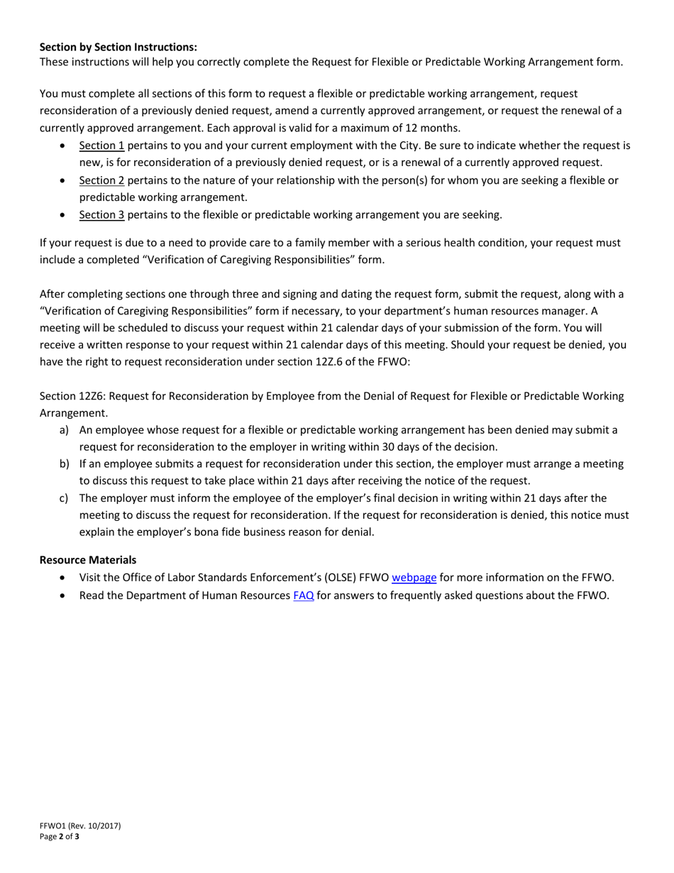 Form FFWO1 Request for Flexible or Predictable Working Arrangement - City and County of San Francisco, California, Page 2
