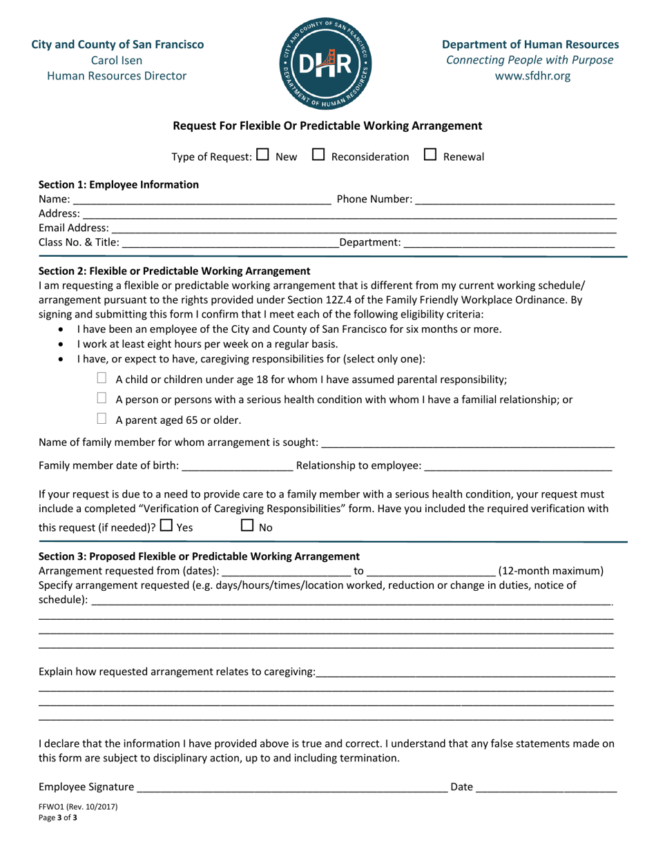 Form FFWO1 Request for Flexible or Predictable Working Arrangement - City and County of San Francisco, California, Page 3