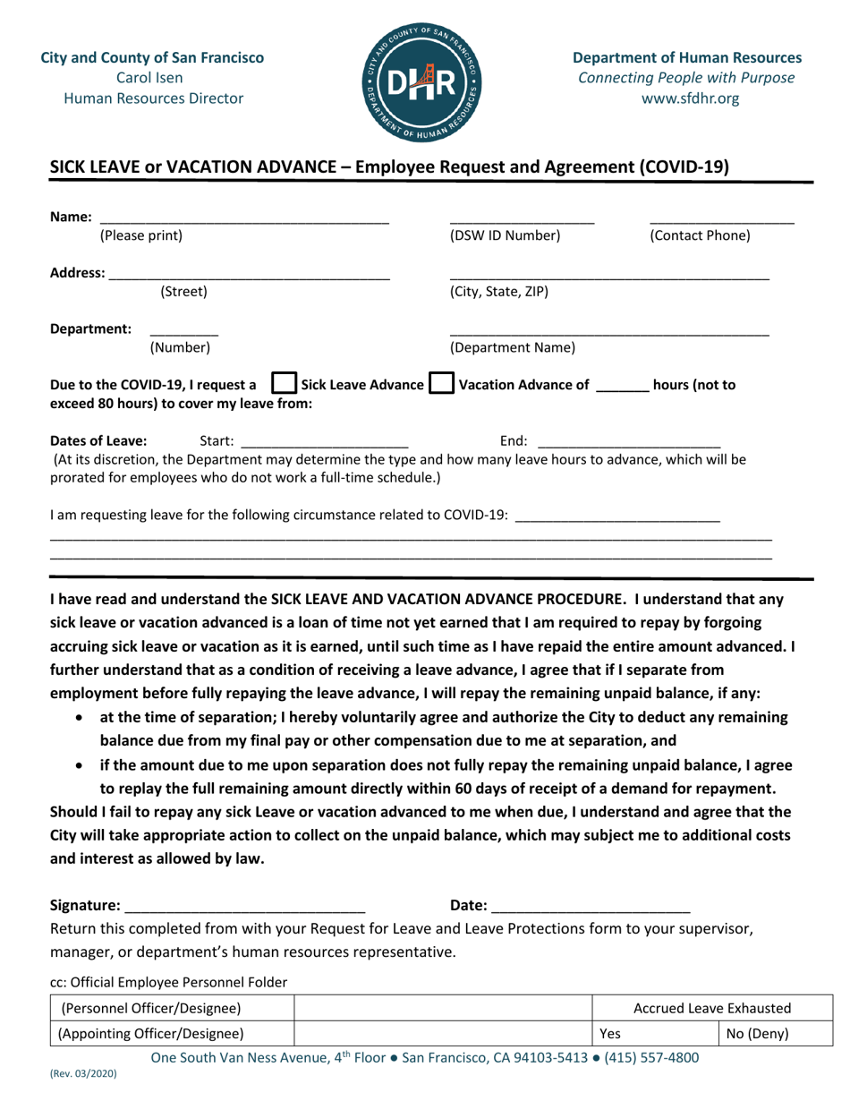 Sick Leave or Vacation Advance - Employee Request and Agreement (Covid-19) - City and County of San Francisco, California, Page 1