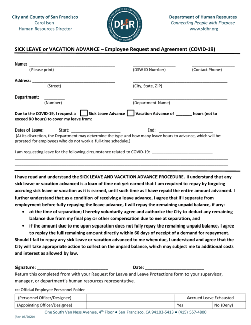 Sick Leave or Vacation Advance - Employee Request and Agreement (Covid-19) - City and County of San Francisco, California Download Pdf