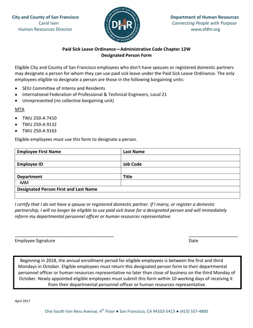 Designated Person Form - Paid Sick Leave Ordinance - Administrative Code Chapter 12w - City and County of San Francisco, California Download Pdf