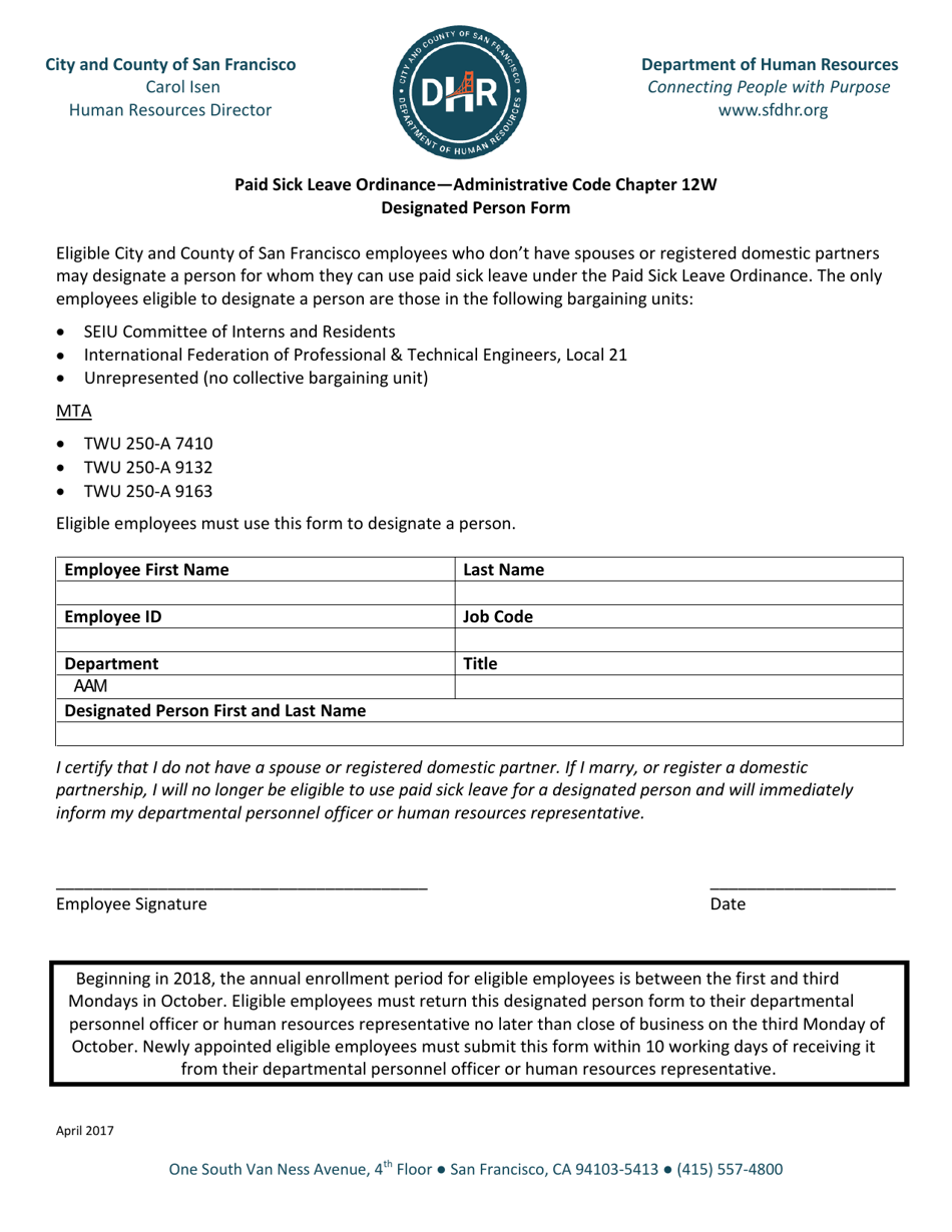Designated Person Form - Paid Sick Leave Ordinance - Administrative Code Chapter 12w - City and County of San Francisco, California, Page 1