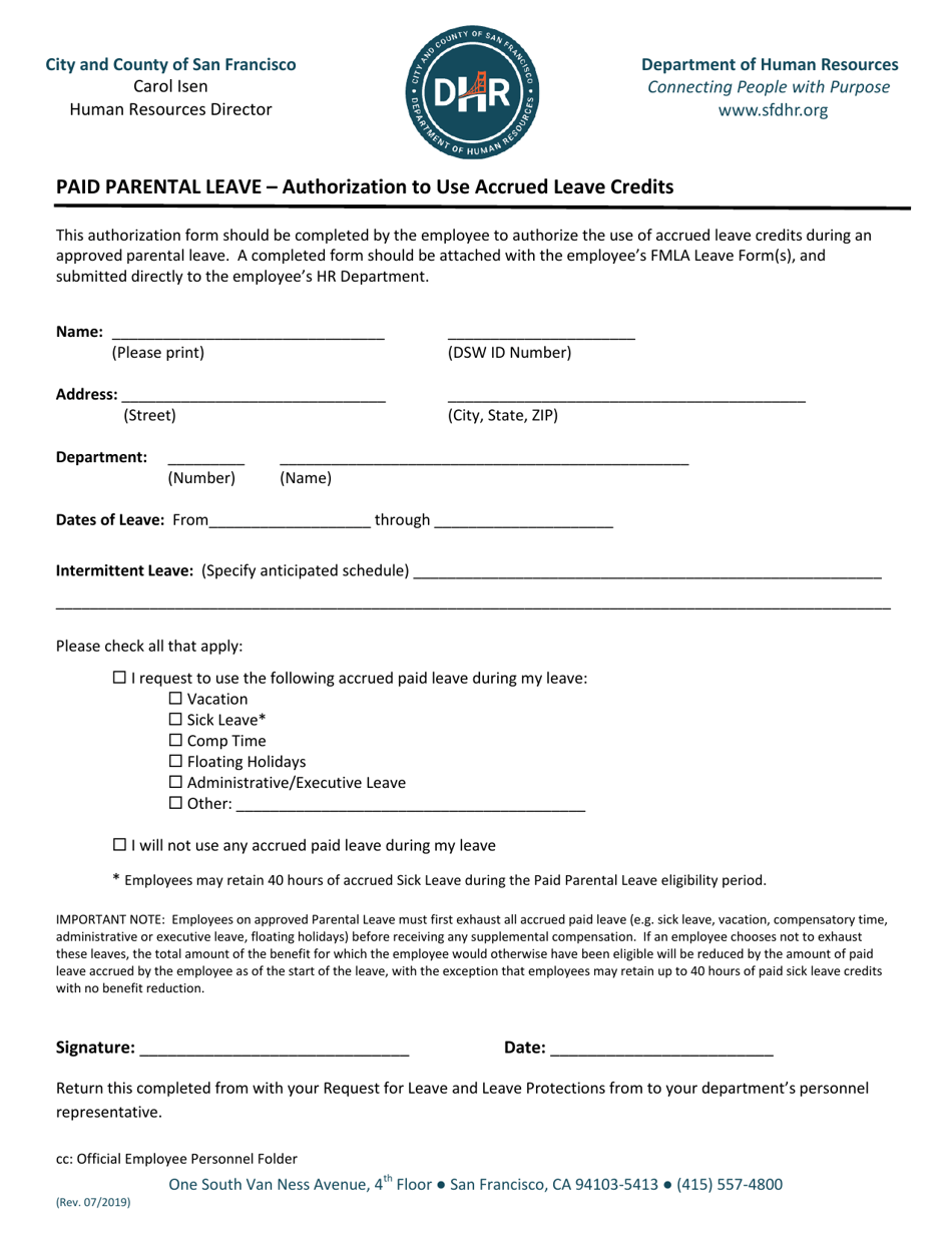 Paid Parental Leave - Authorization to Use Accrued Leave Credits - City and County of San Francisco, California, Page 1