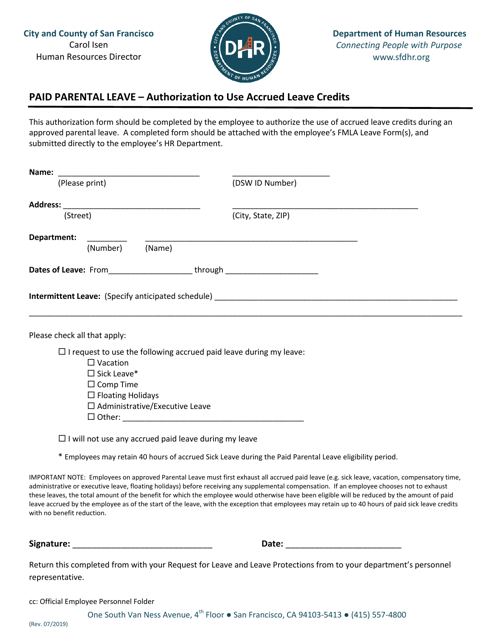 Paid Parental Leave - Authorization to Use Accrued Leave Credits - City and County of San Francisco, California Download Pdf