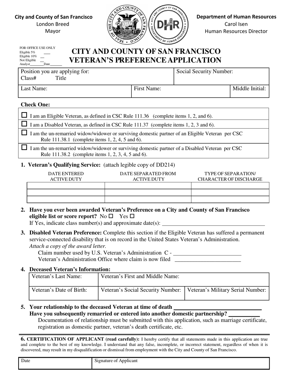 Veterans Preference Application - City and County of San Francisco, California, Page 1
