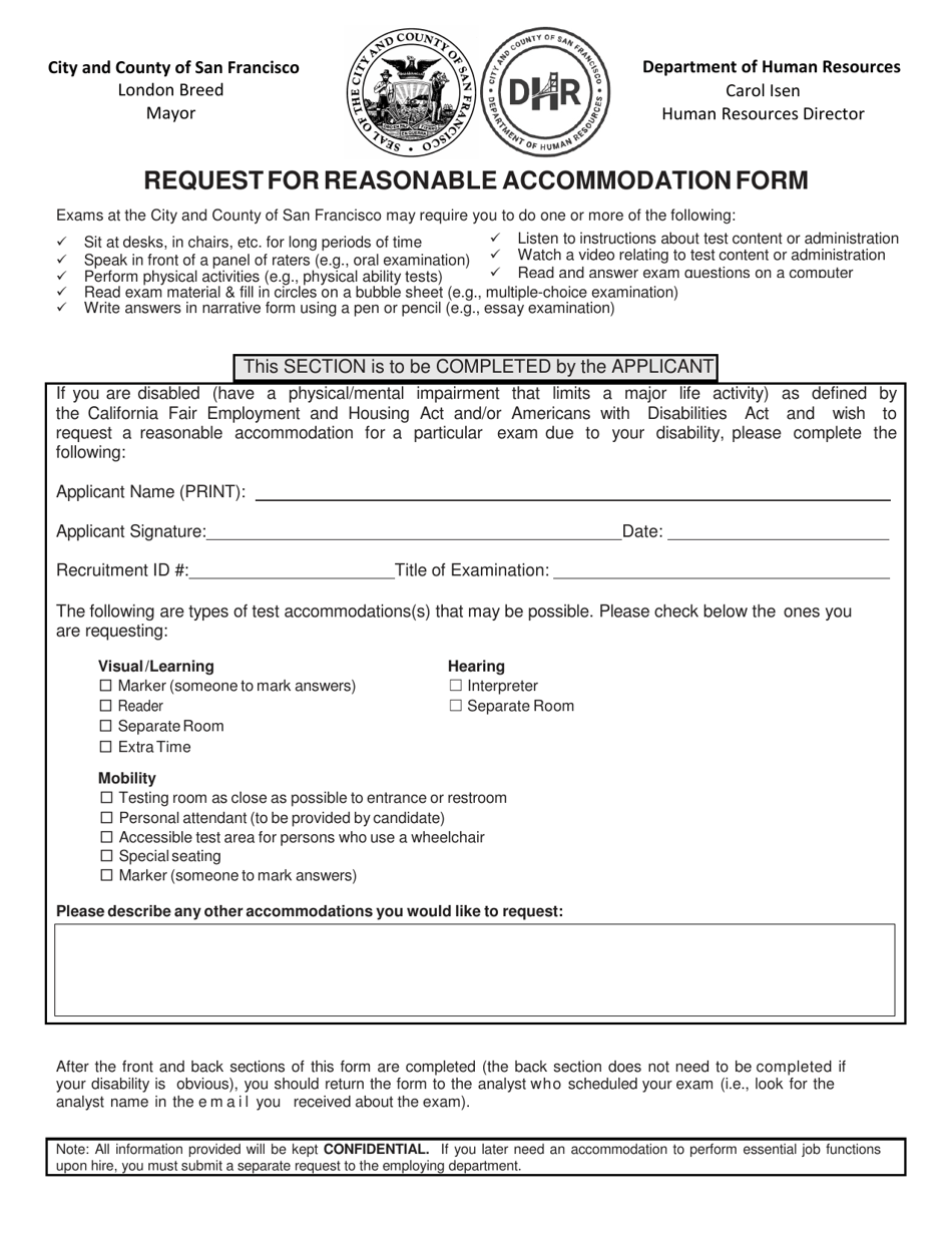 Request for Reasonable Accommodation Form - City and County of San Francisco, California, Page 1