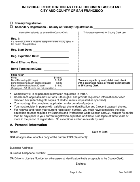 Individual Registration as Legal Document Assistant - City and County of San Francisco, California Download Pdf